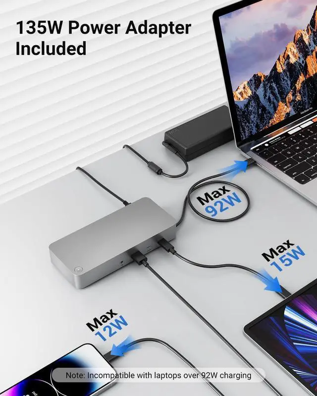 Alt view image 4 of 7 - Laptop Docking Station(12-in-1), for Thunderbolt 4, USB 4, or USB-C Systems, 92W Charging for Laptop, 40 Gbps Data Transfer, Single 8K, Quad 4K Display, Ethernet, Compatible with Windows, MacOS