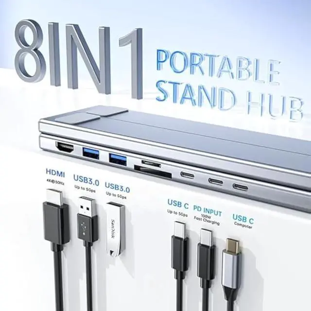 Alt view image 2 of 7 - 8-in-1 USB-C Laptop Stand, 2025 New 8 in 1 Laptop Stand with Docking Station, Adjustable Laptop Docking Station Stand with 4K HDMI, 2 USB 3.0, Pd 100w, Plug &Play, for Home Offices Desks Cafés (1PC)