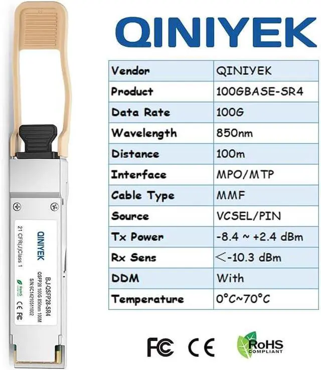 Alt view image 6 of 6 - 100GBASE-SR4 QSFP28 Module MTP/MPO MultiMode Transceiver,100G QSFP28 Transceiver Module,Compatible with Mellanox MMA1B00-C100D(MMF,850nm,100m,DDM)