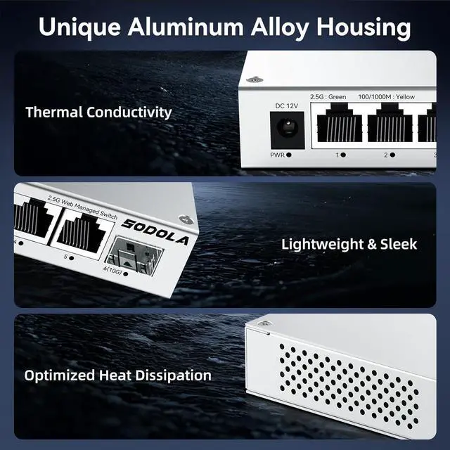 Alt view image 4 of 7 - 5 Port 2.5Gb Switch Managed, 5X 2.5G Base-T Ports, 1x 10G SFP+,Aluminum Alloy Cooling & Magnetic Mounting - LACP/QoS/VLAN/IGMP Web 2.5G Network Switch for Homelab