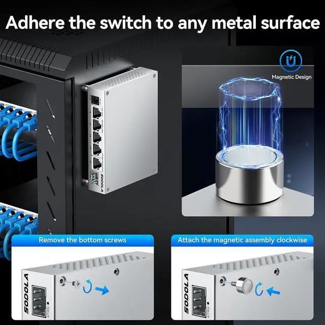 Alt view image 6 of 7 - 5 Port 2.5Gb Switch Managed, 5X 2.5G Base-T Ports, 1x 10G SFP+,Aluminum Alloy Cooling & Magnetic Mounting - LACP/QoS/VLAN/IGMP Web 2.5G Network Switch for Homelab