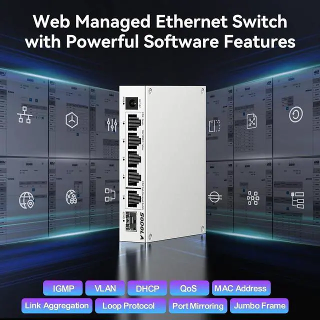 Alt view image 7 of 7 - 5 Port 2.5Gb Switch Managed, 5X 2.5G Base-T Ports, 1x 10G SFP+,Aluminum Alloy Cooling & Magnetic Mounting - LACP/QoS/VLAN/IGMP Web 2.5G Network Switch for Homelab