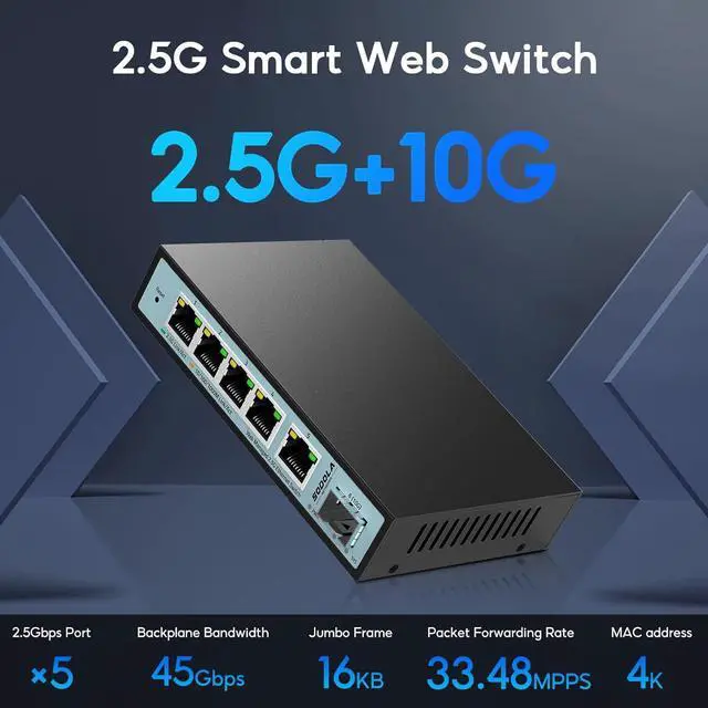 Alt view image 3 of 7 - 6 Port 2.5G Web Managed Switch,1 10G SFP Slot&5 x 2.5G Base-T Ports,Static Aggregation/QoS/VLAN/IGMP, Metal Fanless Smart Multi-Gigabit Network Switch