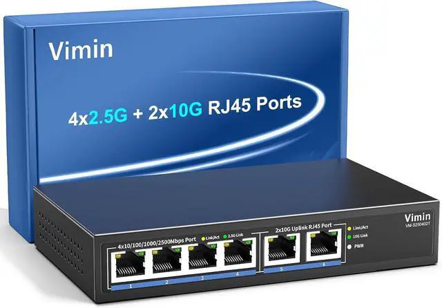Main image of 6-Port 10G/2.5G Ethernet Switch with Dual 10GBASE-T, Vimin 4X 2.5G +2 x 10Gb RJ45 Ports Unmanaged Switch, 60Gbps Capacity, 10G Switch Desktop/Wall Mount Network Switch for NAS, PC, Wireless AP