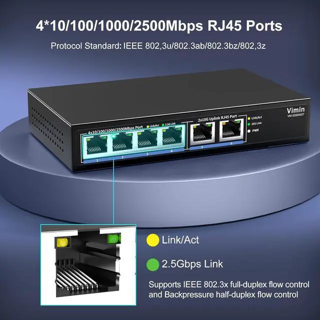 Alt view image 7 of 7 - 6-Port 10G/2.5G Ethernet Switch with Dual 10GBASE-T, Vimin 4X 2.5G +2 x 10Gb RJ45 Ports Unmanaged Switch, 60Gbps Capacity, 10G Switch Desktop/Wall Mount Network Switch for NAS, PC, Wireless AP