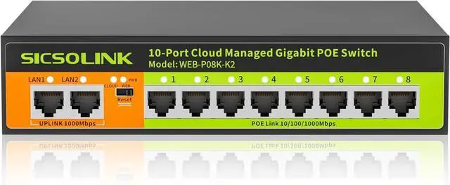 Main image of POE Switch, 10 Port Gigabit Switch, Easy Smart Cloud Managed Switch/Ethernet Splitter for Small Bessiness/Home Network & Power Management, Fanless & Metal Design, VLAN. (10 gigabit Ports|120w 8*POE+)