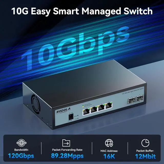 Alt view image 3 of 7 - 6 Port 10G Easy Web Managed Switch,4X 10G RJ45 + 2X 10G SFP+ Ports - Link Aggregation, QoS,VLAN,IGMP, 10G Switch for Network Management