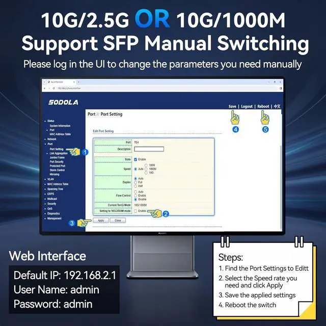 Alt view image 6 of 7 - 6 Port 10G Easy Web Managed Switch,4X 10G RJ45 + 2X 10G SFP+ Ports - Link Aggregation, QoS,VLAN,IGMP, 10G Switch for Network Management