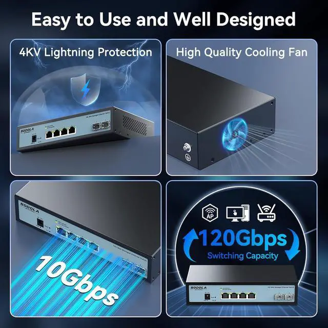 Alt view image 7 of 7 - 6 Port 10G Easy Web Managed Switch,4X 10G RJ45 + 2X 10G SFP+ Ports - Link Aggregation, QoS,VLAN,IGMP, 10G Switch for Network Management