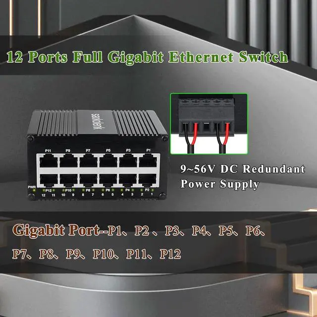 Alt view image 2 of 6 - 12 Port Industrial Unmanaged Gigabit Ethernet Switch,12 Port RJ45 10/100/1000Mbps Din Rail Mount Ethernet Switch,Wall Mounts Network Switch,-40°F to 167°F,IP40 Aluminium Shell (Non-PoE)