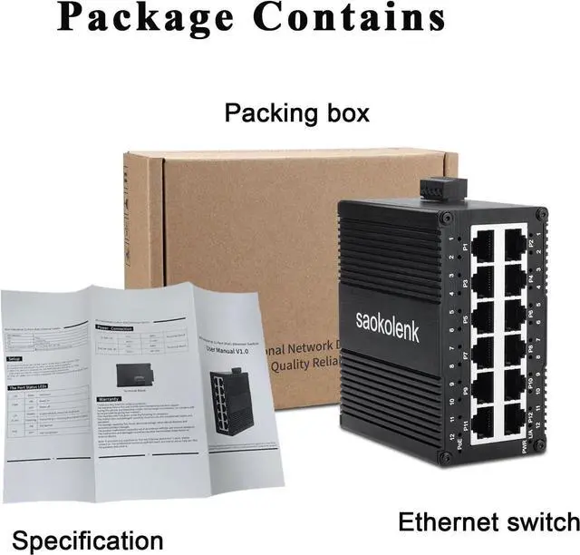 Alt view image 6 of 6 - 12 Port Industrial Unmanaged Gigabit Ethernet Switch,12 Port RJ45 10/100/1000Mbps Din Rail Mount Ethernet Switch,Wall Mounts Network Switch,-40°F to 167°F,IP40 Aluminium Shell (Non-PoE)