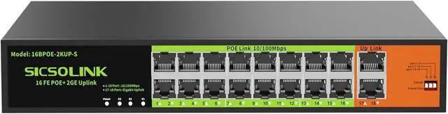 Main image of POE Switch with 16 Port POE + 2 Gigabit Uplink,802.3af/at PoE+ 100Mbps, 250W Built-in Power,Unmanaged, Extend to 250M for PC Network, AP, IP Phone.