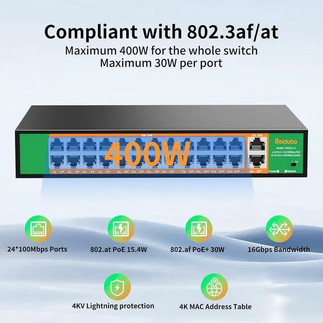 Alt view image 3 of 7 - 24 Port PoE Switch with 2 Gigabit Ethernet Uplink Port, Support IEEE802.3af/at, 400W High Power, Fanless, Plug and Play Unmanaged, Rackmount Ethernet Switch