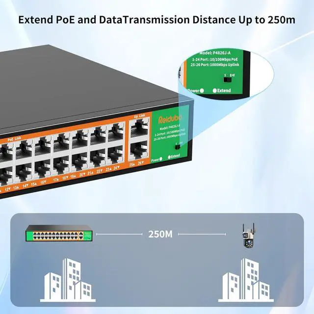 Alt view image 5 of 7 - 24 Port PoE Switch with 2 Gigabit Ethernet Uplink Port, Support IEEE802.3af/at, 400W High Power, Fanless, Plug and Play Unmanaged, Rackmount Ethernet Switch