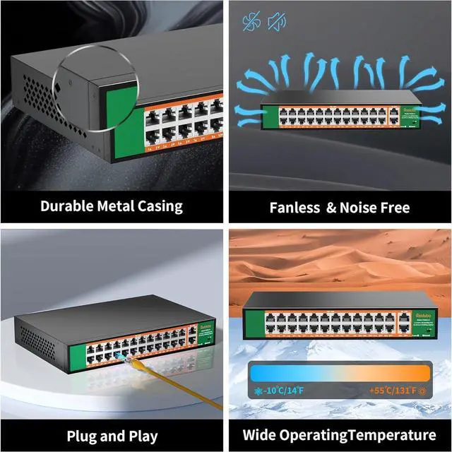 Alt view image 6 of 7 - 24 Port PoE Switch with 2 Gigabit Ethernet Uplink Port, Support IEEE802.3af/at, 400W High Power, Fanless, Plug and Play Unmanaged, Rackmount Ethernet Switch