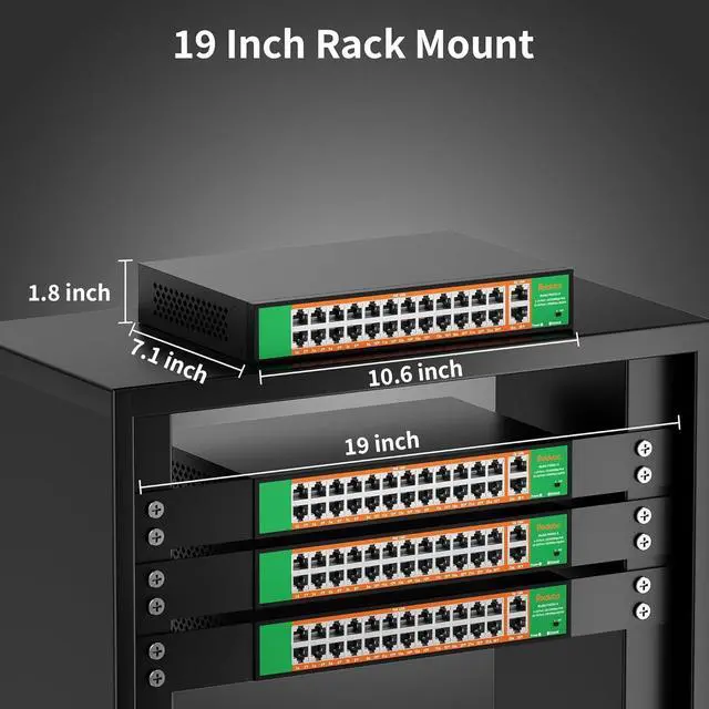Alt view image 7 of 7 - 24 Port PoE Switch with 2 Gigabit Ethernet Uplink Port, Support IEEE802.3af/at, 400W High Power, Fanless, Plug and Play Unmanaged, Rackmount Ethernet Switch