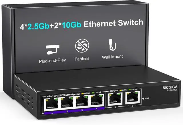 Main image of 10Gbe Ethernet Switch Unmanaged with 2 x 10Gb RJ45 Ports  4 2.5Gb Base-T Ports, Desktop/Wall Mount 6 Port 10Gbps Network for Wireless AP, NAS, PC -