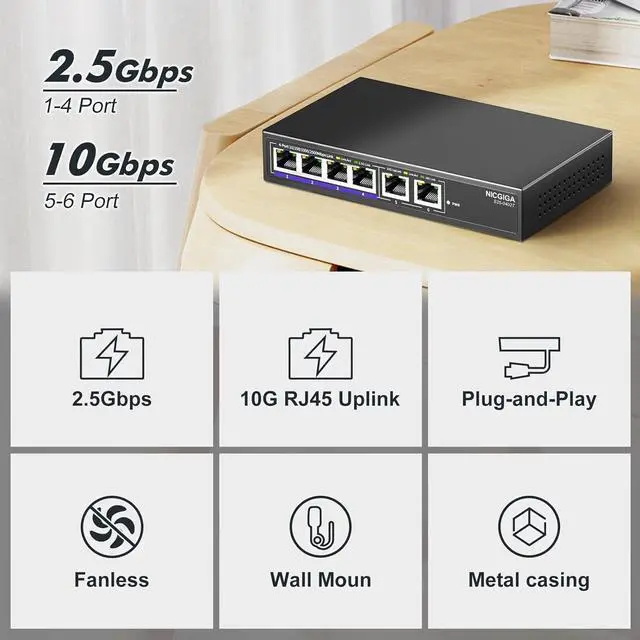Alt view image 4 of 7 - 10Gbe Ethernet Switch Unmanaged with 2 x 10Gb RJ45 Ports  4 2.5Gb Base-T Ports, Desktop/Wall Mount 6 Port 10Gbps Network for Wireless AP, NAS, PC -