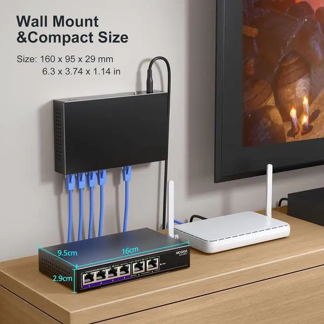 Alt view image 7 of 7 - 10Gbe Ethernet Switch Unmanaged with 2 x 10Gb RJ45 Ports  4 2.5Gb Base-T Ports, Desktop/Wall Mount 6 Port 10Gbps Network for Wireless AP, NAS, PC -