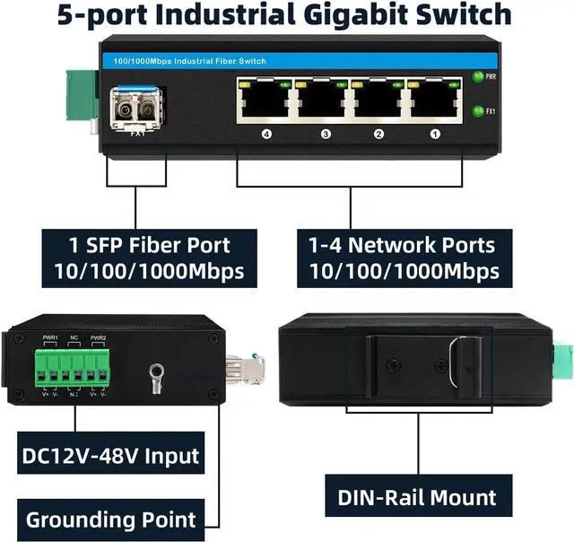 Alt view image 3 of 6 - Industrial 4Ports Gigabit SFP Fiber Switch Din Rail Mounted with One SFP Transceiver 1.25G Dual Fiber SM up to 20km for Outdoor Use