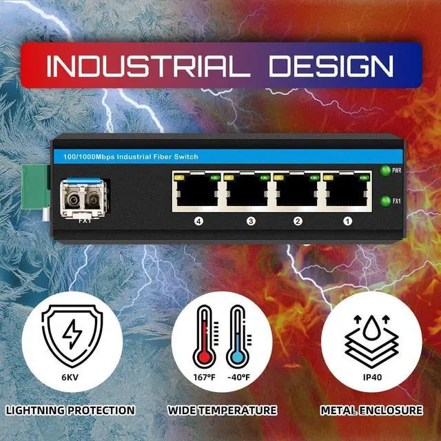 Alt view image 5 of 6 - Industrial 4Ports Gigabit SFP Fiber Switch Din Rail Mounted with One SFP Transceiver 1.25G Dual Fiber SM up to 20km for Outdoor Use