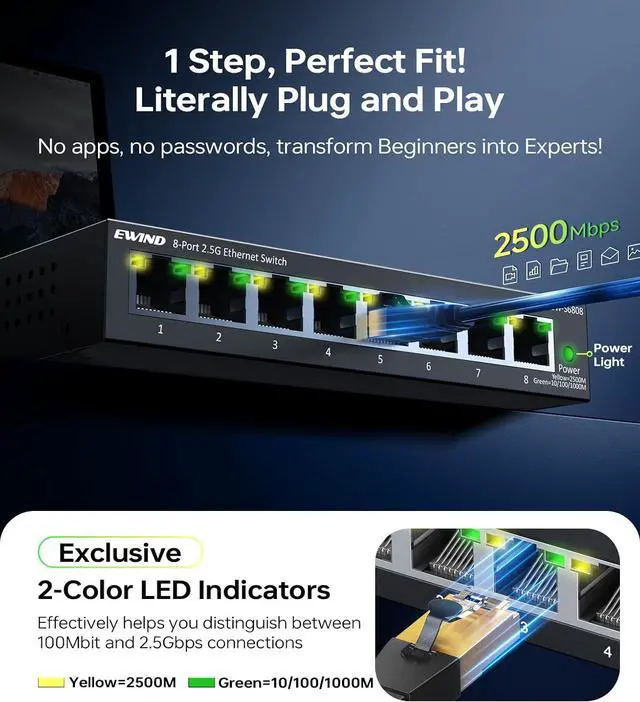 Alt view image 2 of 6 - DualRateLED 8-Port 2.5GB Ethernet Switch, Higher Performance Multi-Gigabit Unmanaged Network Switch, Plug & Play, Fanless Silent Operation, Desktop/Wall Mount Metal Ethernet Splitter