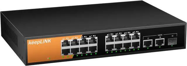 Main image of 16 Port Gigabit PoE Switch Unmanaged, 16 PoE+ Ports @240W, 2 Gigabit Uplink Ports and 1 SFP Slot, 802.3 at/af Compliant, Fanless & Metal Housing, Desktop or Rackmount