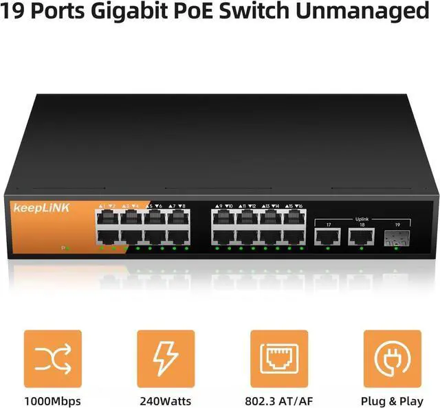 Alt view image 2 of 7 - 16 Port Gigabit PoE Switch Unmanaged, 16 PoE+ Ports @240W, 2 Gigabit Uplink Ports and 1 SFP Slot, 802.3 at/af Compliant, Fanless & Metal Housing, Desktop or Rackmount