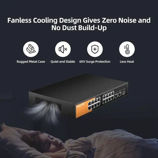 Alt view image 4 of 7 - 16 Port Gigabit PoE Switch Unmanaged, 16 PoE+ Ports @240W, 2 Gigabit Uplink Ports and 1 SFP Slot, 802.3 at/af Compliant, Fanless & Metal Housing, Desktop or Rackmount