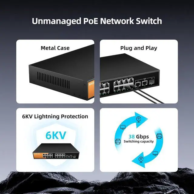 Alt view image 7 of 7 - 16 Port Gigabit PoE Switch Unmanaged, 16 PoE+ Ports @240W, 2 Gigabit Uplink Ports and 1 SFP Slot, 802.3 at/af Compliant, Fanless & Metal Housing, Desktop or Rackmount