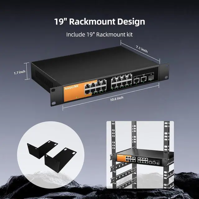 Alt view image 6 of 7 - 16 Port Gigabit PoE Switch Unmanaged, 16 PoE+ Ports @240W, 2 Gigabit Uplink Ports and 1 SFP Slot, 802.3 at/af Compliant, Fanless & Metal Housing, Desktop or Rackmount