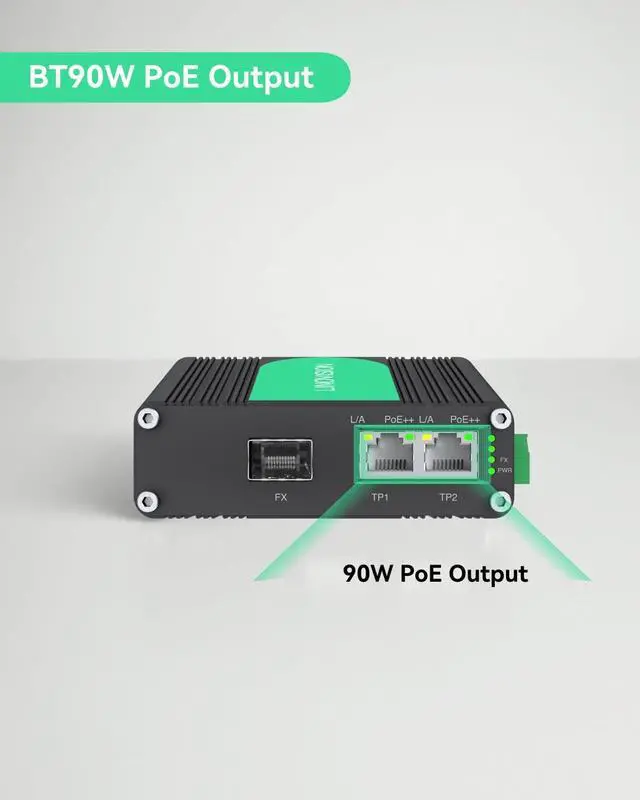 Alt view image 3 of 7 - LINOVISION Industrial 2 Ports Gigabit BT90W PoE++ Switch with Fiber SFP uplink, IEEE802.3af/at/bt Mini PoE Switch, IP40, Compact PoE Injector for PTZ Camera, PoE Lighting, VoIP Phone, Wireless AP