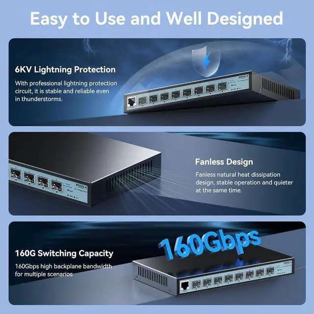 Alt view image 7 of 7 - 8 Port 10G L3 Managed Switch, 8X10G SFP+ Interface, Link Aggregation/QoS/VLAN/IGMP, Wall Mounted Fanless 10Gb SFP Network SwitchSFPPorts Only,Transceiver is NOT Included