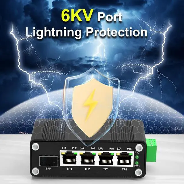 Alt view image 4 of 7 - 4 Ports PoE Gigabit Industrial Ethernet Switch PoE+ Fiber Switch with 100/1000M SFP IEEE 802.3at PoE Supporting Din-Rail 12~48V DC Input