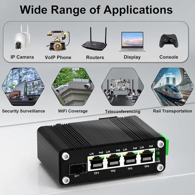 Alt view image 5 of 7 - 4 Ports PoE Gigabit Industrial Ethernet Switch PoE+ Fiber Switch with 100/1000M SFP IEEE 802.3at PoE Supporting Din-Rail 12~48V DC Input