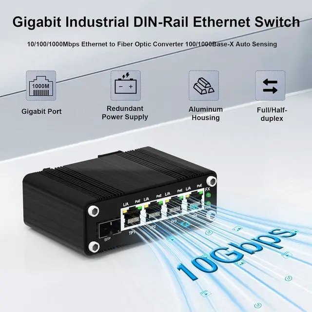 Alt view image 7 of 7 - 4 Ports PoE Gigabit Industrial Ethernet Switch PoE+ Fiber Switch with 100/1000M SFP IEEE 802.3at PoE Supporting Din-Rail 12~48V DC Input