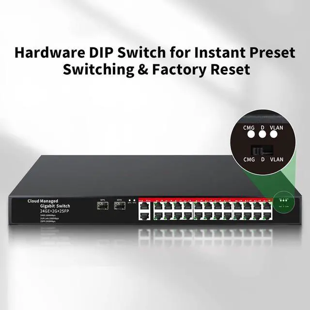 Alt view image 5 of 7 - STEAMEMO 26-Port Gigabit Ethernet Switch | Smart Managed with 2 SFP Slots | QoS & VLAN Support | Rackmount/Desktop Metal Network Switch | Plug & Play Setup(Includes Power Adapter)