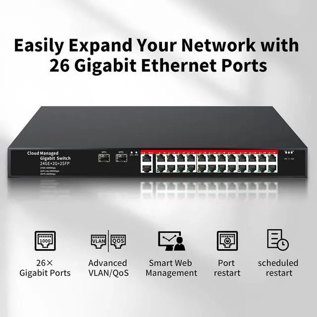 Alt view image 6 of 7 - STEAMEMO 26-Port Gigabit Ethernet Switch | Smart Managed with 2 SFP Slots | QoS & VLAN Support | Rackmount/Desktop Metal Network Switch | Plug & Play Setup(Includes Power Adapter)
