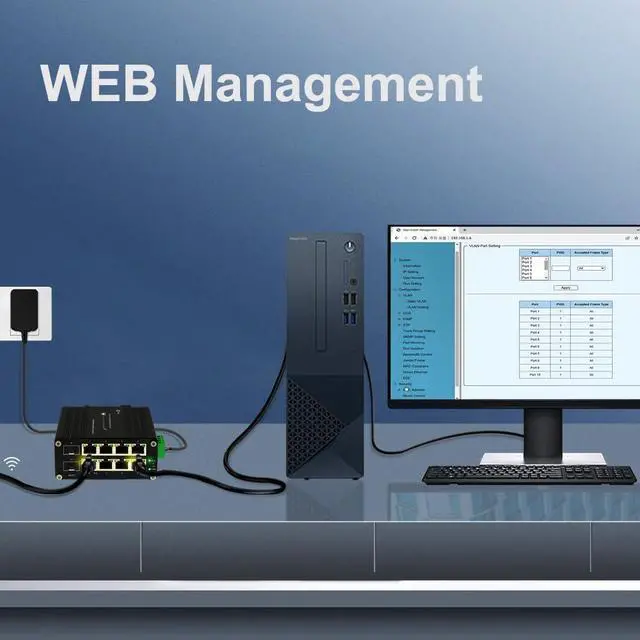 Alt view image 7 of 7 - Industrial 8 Ports Managed PoE Fiber Switch Gigabit Web Management Switch with 100/1000M Adaptive 2 SFP Slots Din Rail Small Network Switch 802.3at 30W/240W Support QOS, VLAN, IGMP 48-57VDC