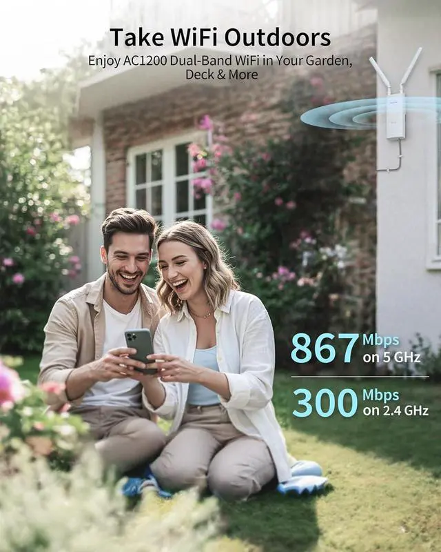 Alt view image 3 of 6 - BrosTrend AC1200 Outdoor WiFi Extender Long Range, Dual Band 5GHz + 2.4GHz, IP65 Weatherproof Gigabit Signal Booster, PoE Powered, with Passive PoE Injector, 2x 5dBi Antennas, Works for Yard, Farm, RV