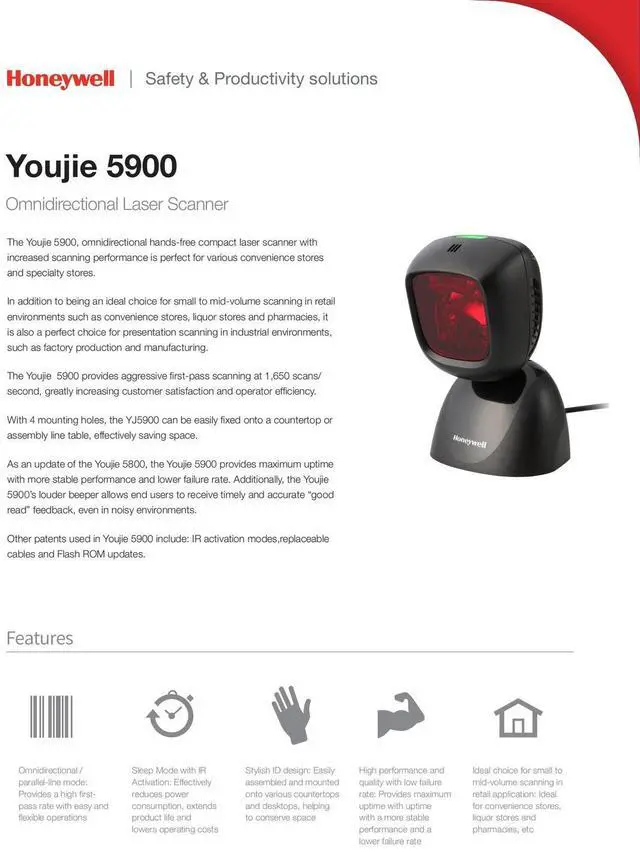 Alt view image 3 of 5 - Honey,well YJ5900-1-USB 1D Omnidirectional USB Wired Desktop Bar,code Scan,ner