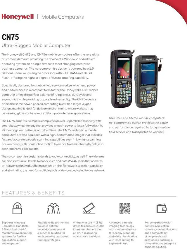 Alt view image 2 of 4 - Honey,well Intermec CN75 CN75E RF Handheld Terminal: CN75EQ6KCF2W6AD1 w/ Battery