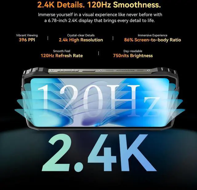 Alt view image 6 of 7 - Blackview BL7000 AI 5G Rugged Phone Android 15, 24GB+256GB/2TB MTK Dimensity 6300, 6.78" FHD+ 120Hz, 50MP + Night Vision 20MP, 7500mAh/33W, Rugged Smartphone Dual SIM/T-Mobile/NFC/OTG/IP69K Waterproof
