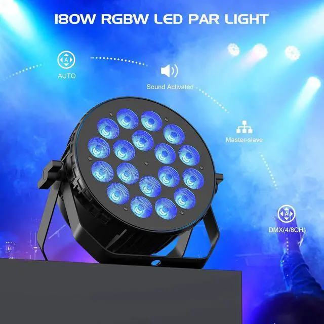 Alt view image 2 of 7 - 180 W Stage Par Lights, RGBW 4-in-1 LED Par Can Light with DMX512 Sound Activated Controlled Aluminum Uplights, Stage Lights for Parties Wedding Festival Events Church
