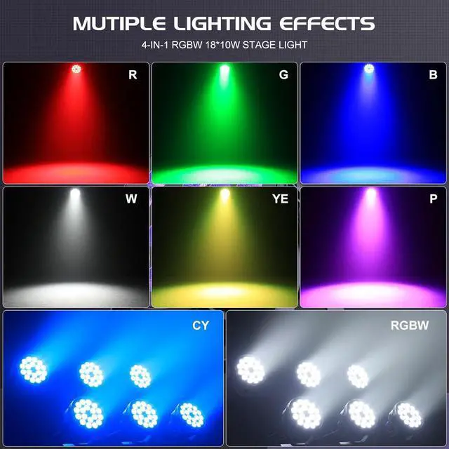 Alt view image 3 of 7 - 180 W Stage Par Lights, RGBW 4-in-1 LED Par Can Light with DMX512 Sound Activated Controlled Aluminum Uplights, Stage Lights for Parties Wedding Festival Events Church