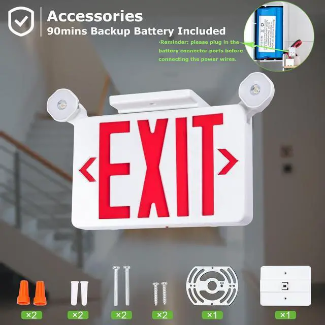 Alt view image 3 of 6 - Gruenlich Red Exit Sign with Emergency Lights, 2 Adjustable LED Heads and Backup Battery, UL 924, AC 120/277V, Commercial Hardwired Exit Light for Business, 2 Pack