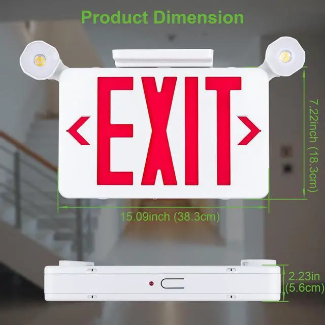 Alt view image 5 of 6 - Gruenlich Red Exit Sign with Emergency Lights, 2 Adjustable LED Heads and Backup Battery, UL 924, AC 120/277V, Commercial Hardwired Exit Light for Business, 2 Pack