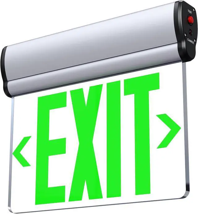 Main image of Led Edge-Lit Exit Sign ,Brushed Aluminum Housing Single-Sided Clear Rotating Acrylic Panel,Hardwired Emergency Exit Signs with Battery Backup, 120V-347VAC,Green Led Emergency Exit Light for Business