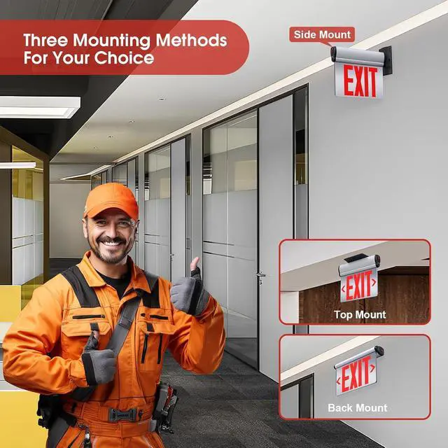Alt view image 3 of 6 - Led Edge-Lit Exit Sign ,Brushed Aluminum Housing Double-Sided Mirrored Rotating Acrylic Panel,Hardwired Emergency Exit Signs with Battery Backup, 120V-347VAC,Red Led Emergency Exit Light for Business