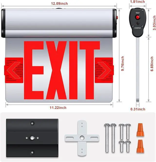 Alt view image 6 of 6 - Led Edge-Lit Exit Sign ,Brushed Aluminum Housing Double-Sided Mirrored Rotating Acrylic Panel,Hardwired Emergency Exit Signs with Battery Backup, 120V-347VAC,Red Led Emergency Exit Light for Business